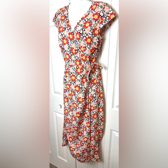 New J.CREW Floral Wrap Midi Dress Cap Sleeve Colorful Blue Orange Pink Green - Picture 3 of 13